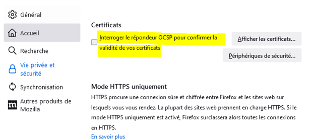 Section des certificats sous confidentialité et sécurité, case non cochée